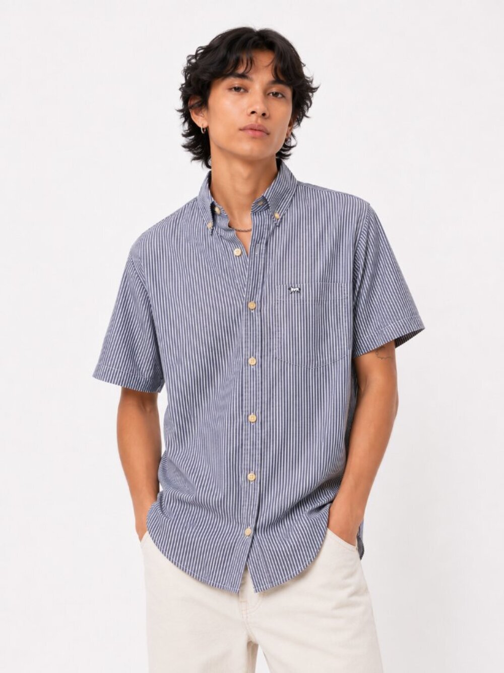 Peau de Loup Blue & White Pinstripe Short Sleeve Button Down Shirt